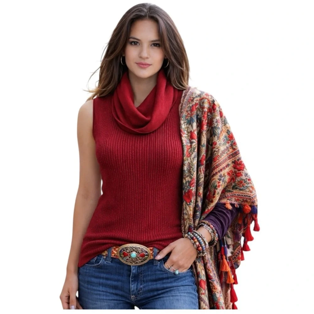 Ribbed Red Cowl Neck Tunic Sweater Women’s Medium Parisian Chic Minimalist